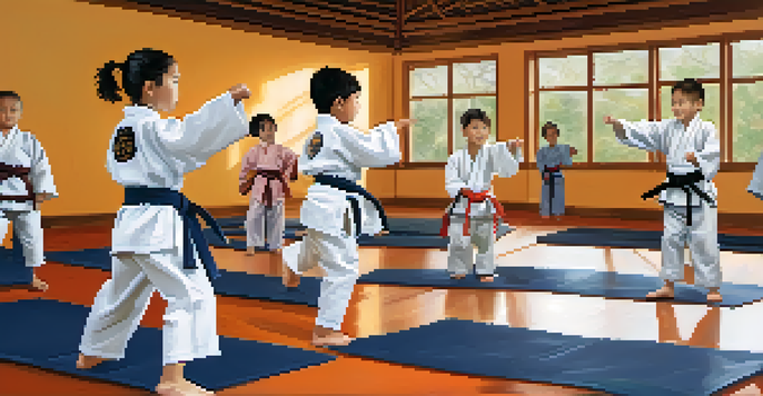 A group of children practicing self-defense in a brightly lit dojo, wearing colorful martial arts uniforms and engaged in training under the guidance of an instructor.