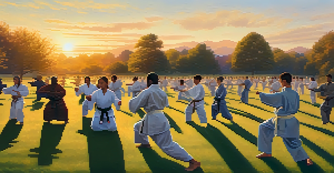 A diverse group practicing self-defense techniques in a grassy field during sunset, highlighting empowerment and community.