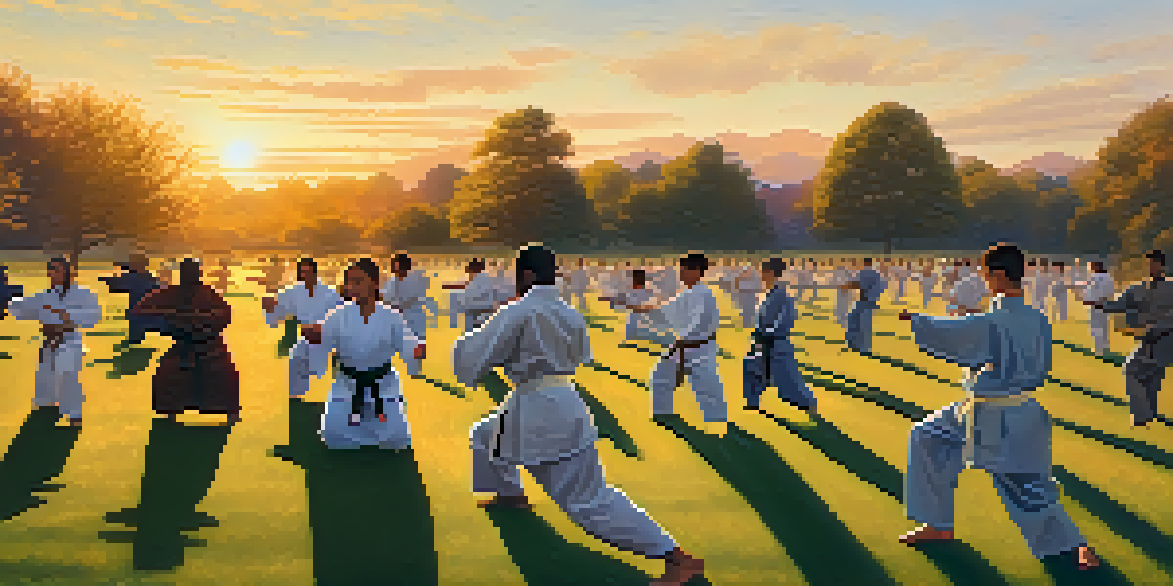 A diverse group practicing self-defense techniques in a grassy field during sunset, highlighting empowerment and community.