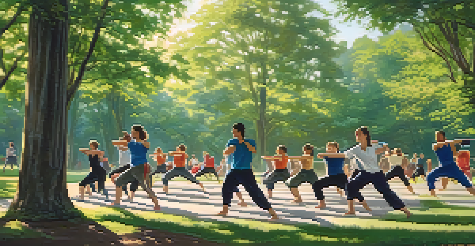 A group of people practicing self-defense techniques in a park, with an instructor guiding them amidst green trees and soft sunlight.