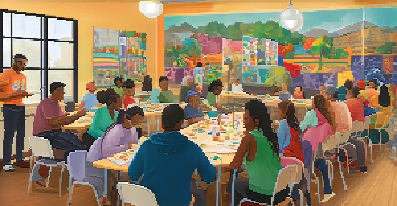 A vibrant community center with people of all ages engaged in a crafting workshop, surrounded by artwork.