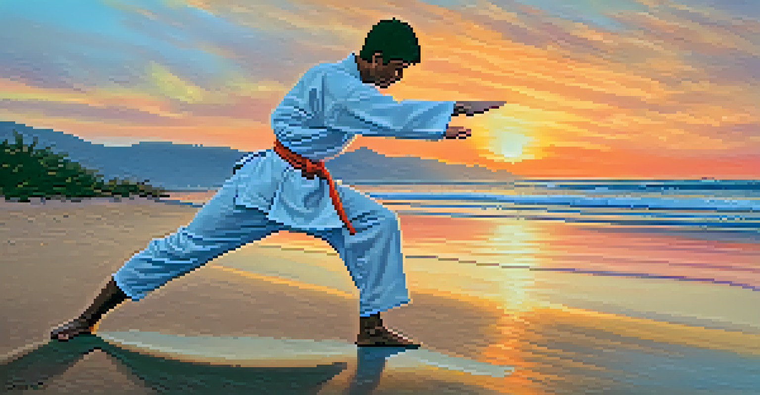 A martial artist practicing mindful movement on a beach at sunset, with vibrant colors in the sky and gentle waves in the background.