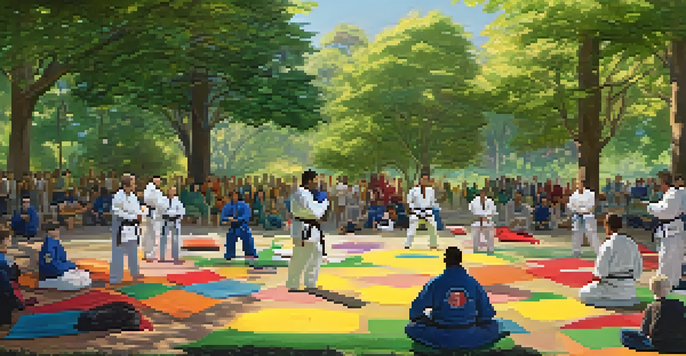 Participants of different ages practicing Brazilian Jiu-Jitsu outdoors in a sunny park, surrounded by trees, with an instructor demonstrating techniques.