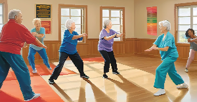 A diverse group of elderly individuals practicing self-defense in a bright community center with colorful mats and motivational posters.