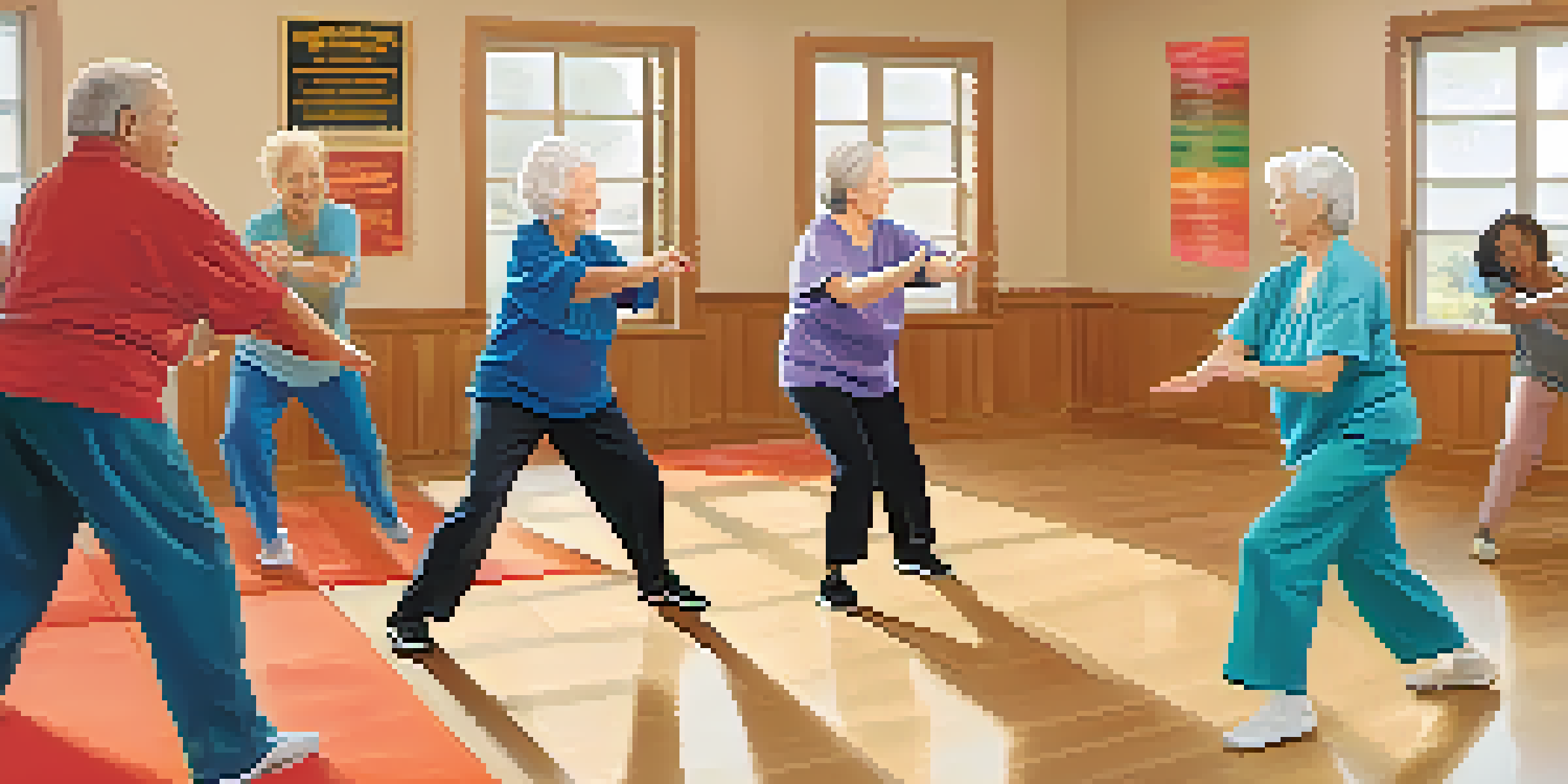 A diverse group of elderly individuals practicing self-defense in a bright community center with colorful mats and motivational posters.