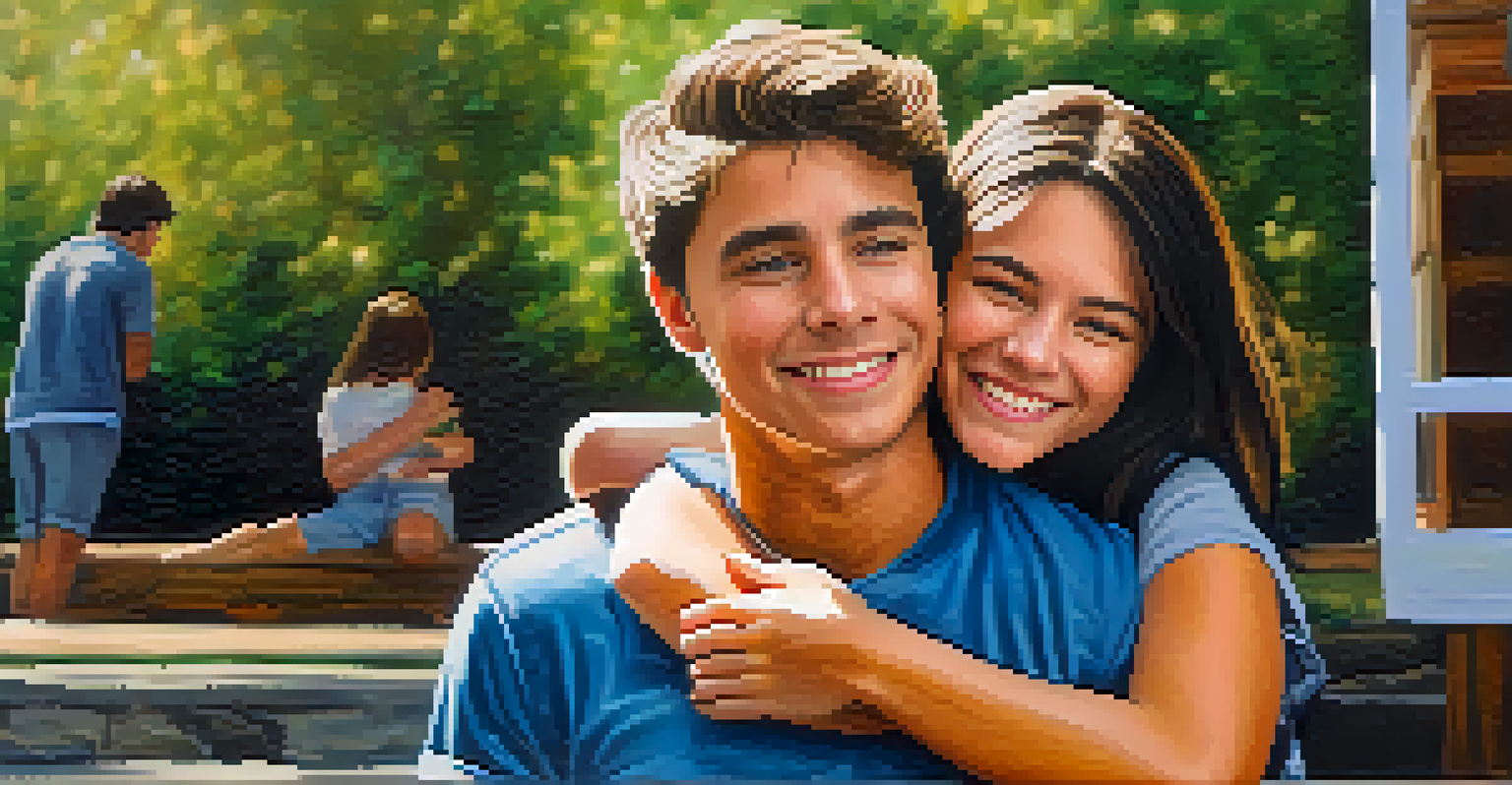 Two friends in a supportive embrace outdoors, showing expressions of trust and reassurance.