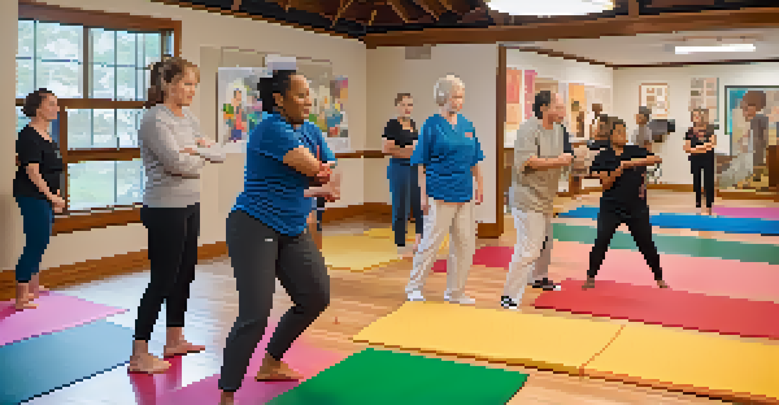 A self-defense instructor demonstrating techniques to caregivers in a cozy studio, with colorful mats and motivational posters on the walls.