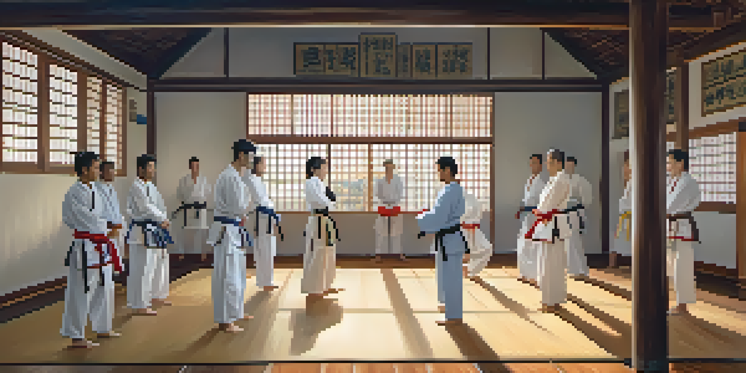A peaceful dojo where martial artists of various backgrounds practice self-defense techniques together, showcasing unity and focus.