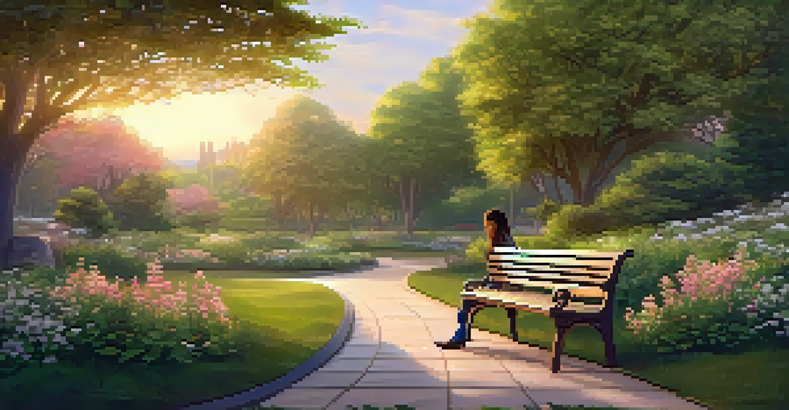 A tranquil park at sunset featuring a solo traveler meditating on a bench amidst blooming flowers.