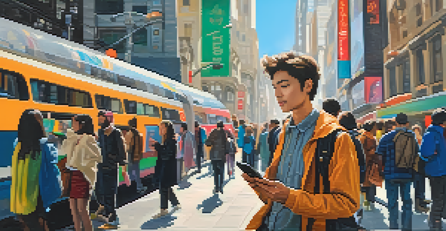 A solo traveler confidently using a smartphone in a busy city environment.