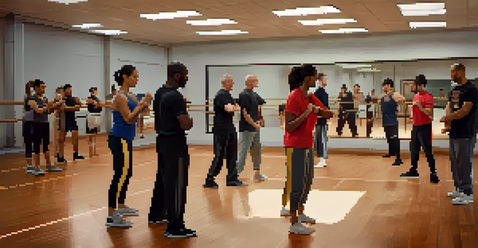 A diverse group of individuals practicing self-defense techniques in a gym setting, with a supportive instructor leading the session.