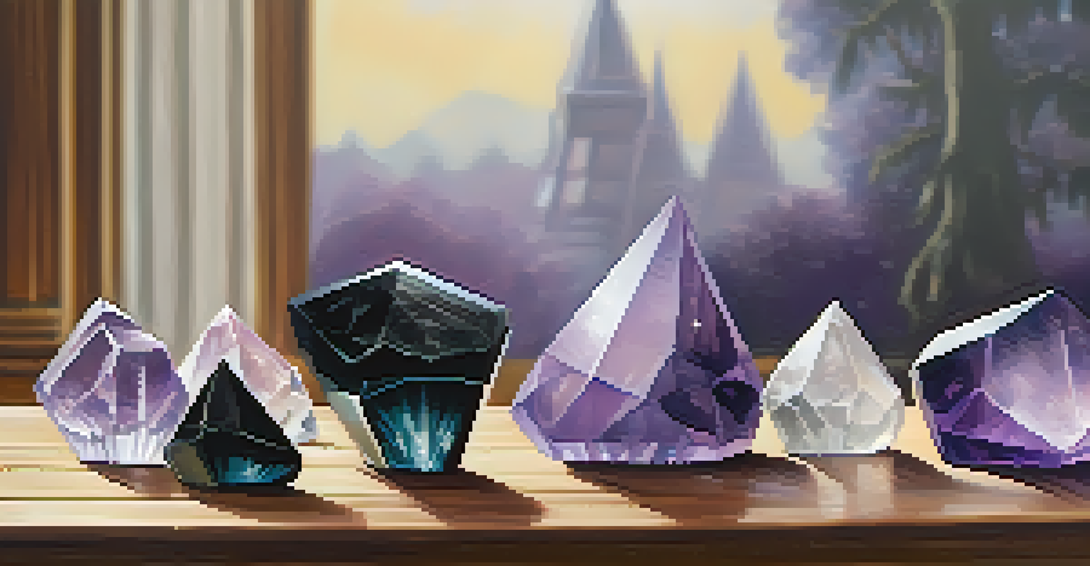 A collection of colorful protective crystals on a wooden table, reflecting light in a cozy environment.