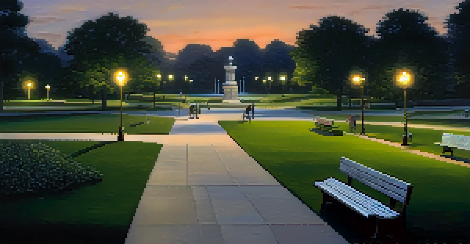 A peaceful park illuminated by warm streetlights at dusk, with people enjoying the surroundings.