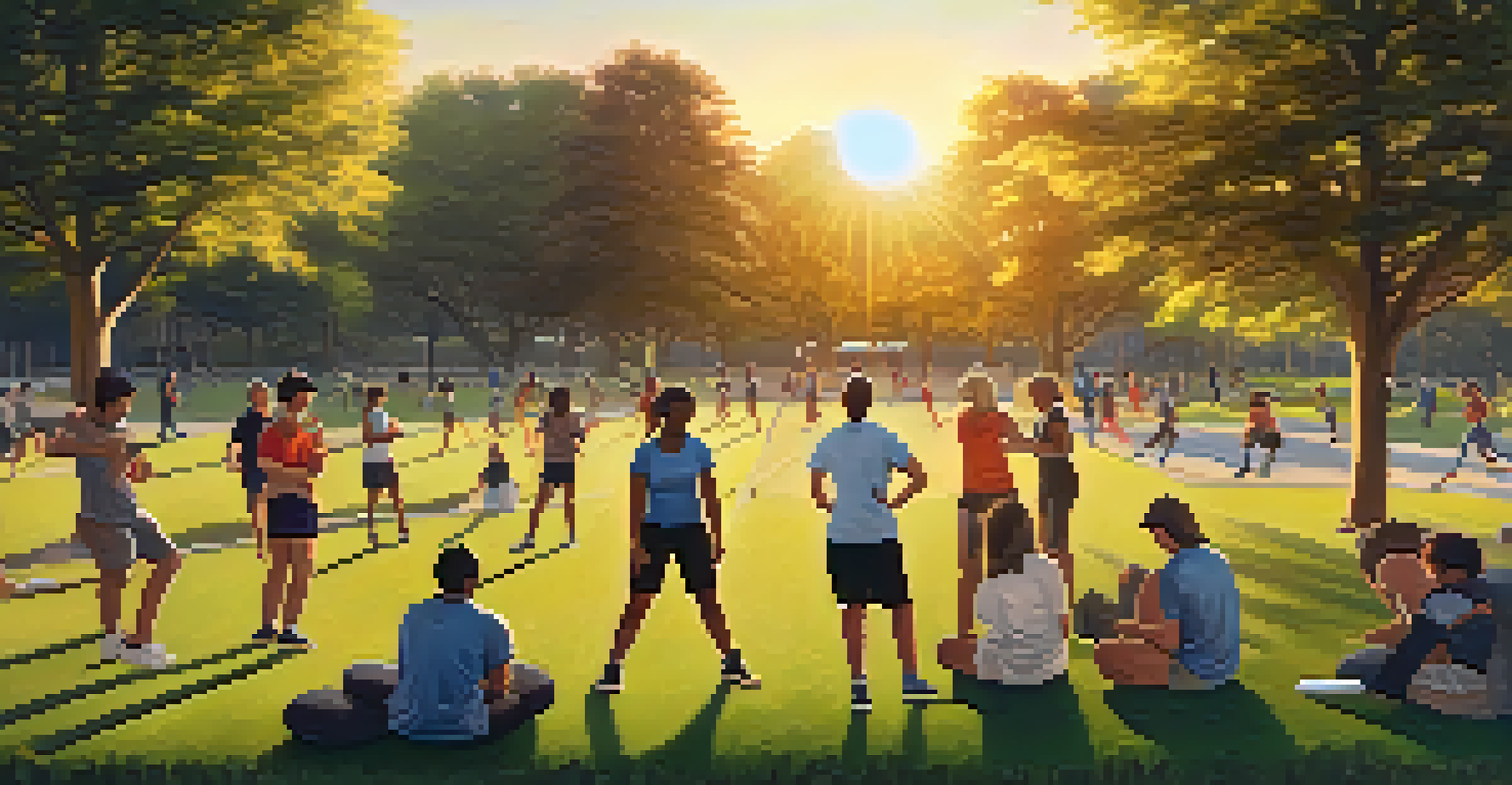 Individuals practicing self-defense techniques in a park during sunset, highlighting community and support.