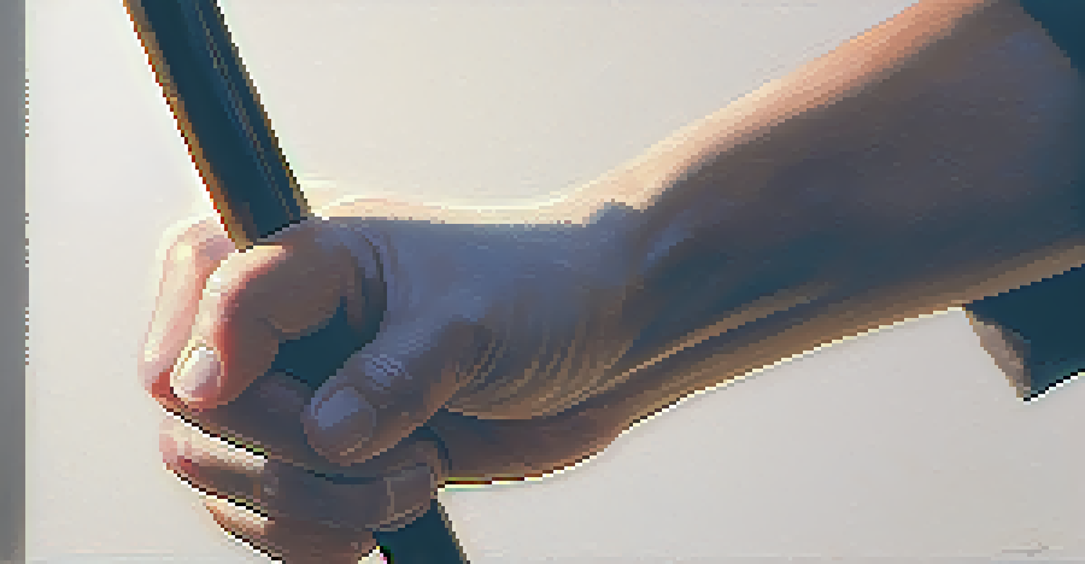 A close-up of a hand gripping a cane in a defensive posture, with a softly blurred background highlighting the determination in the grip.