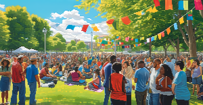 A diverse group of people discussing bystander intervention in a sunny park, surrounded by colorful banners.