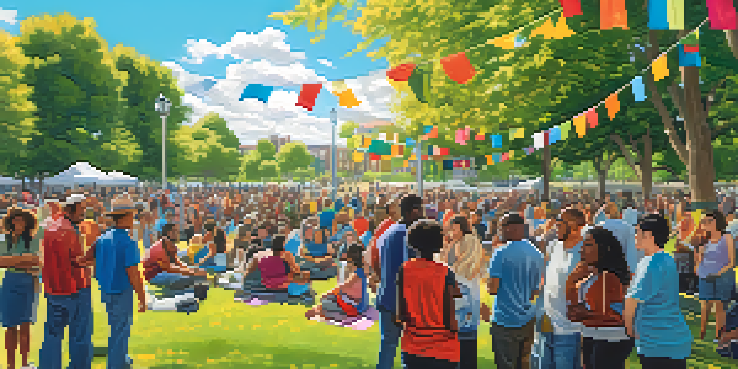A diverse group of people discussing bystander intervention in a sunny park, surrounded by colorful banners.