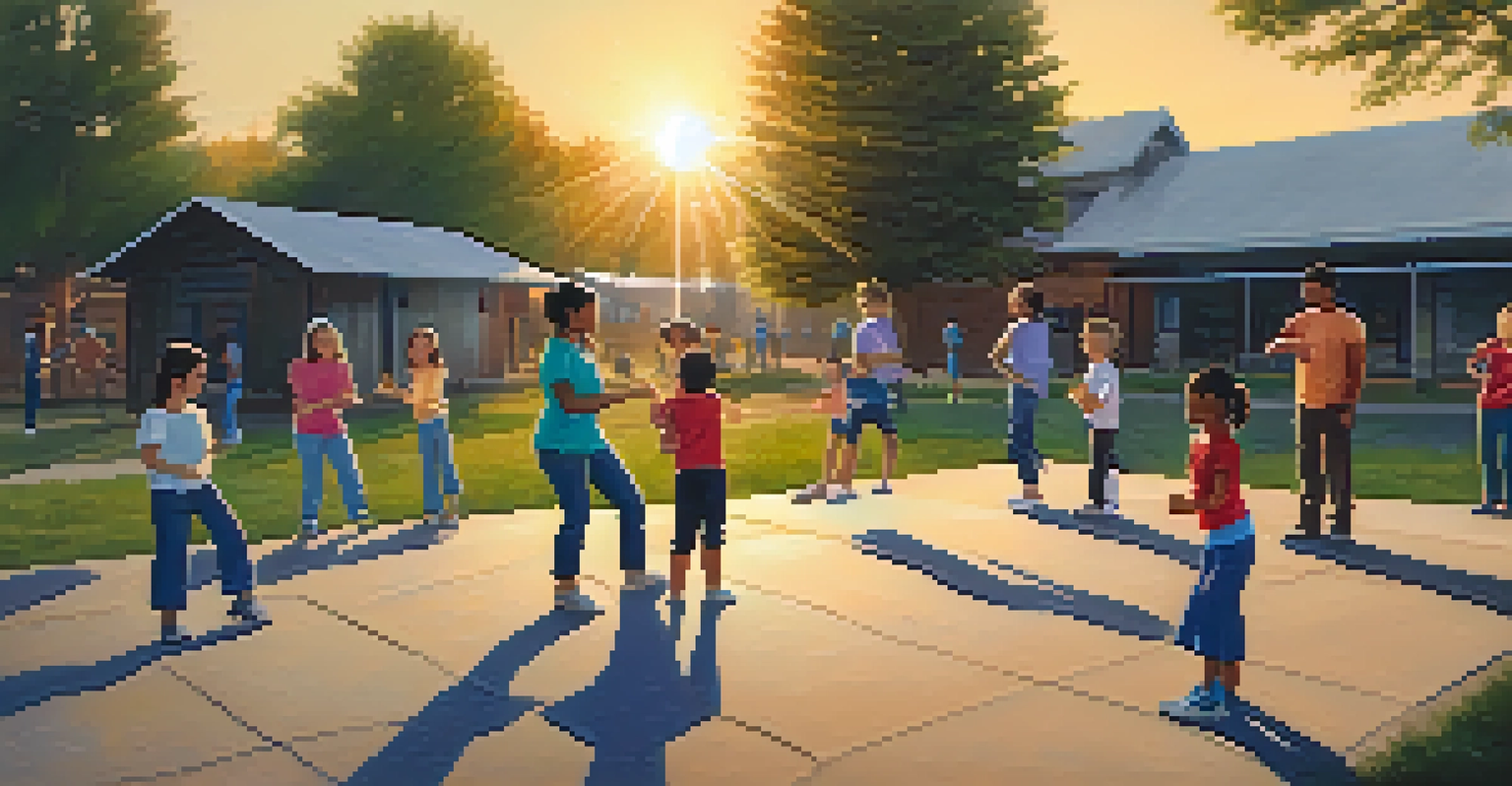 A group of individuals practicing self-defense outdoors during sunset, highlighting community and inclusivity.