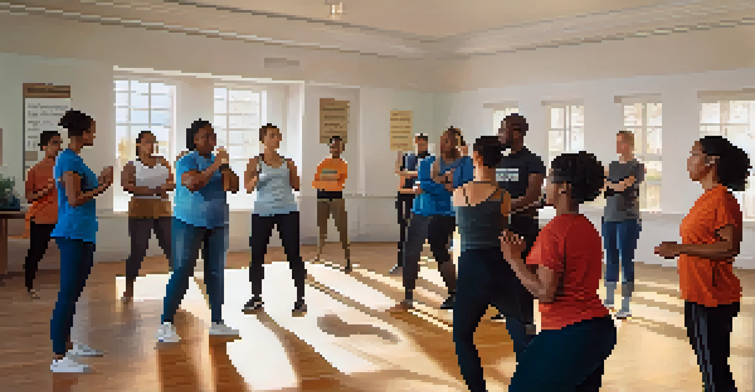 A group of people in a workshop practicing mindfulness exercises in a bright room with motivational quotes.