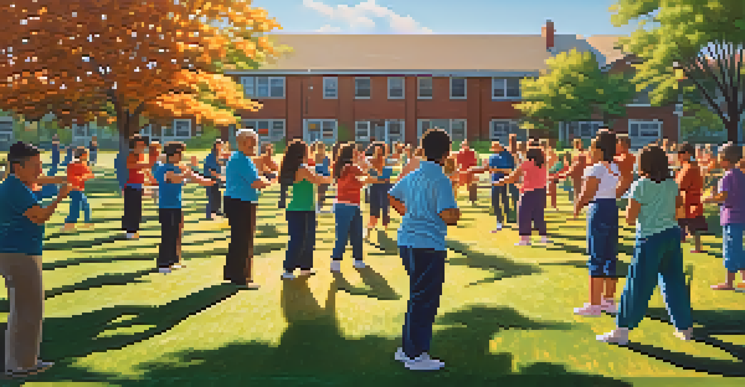 A diverse group of participants in a community self-defense workshop, practicing on colorful mats outdoors under bright sunlight.