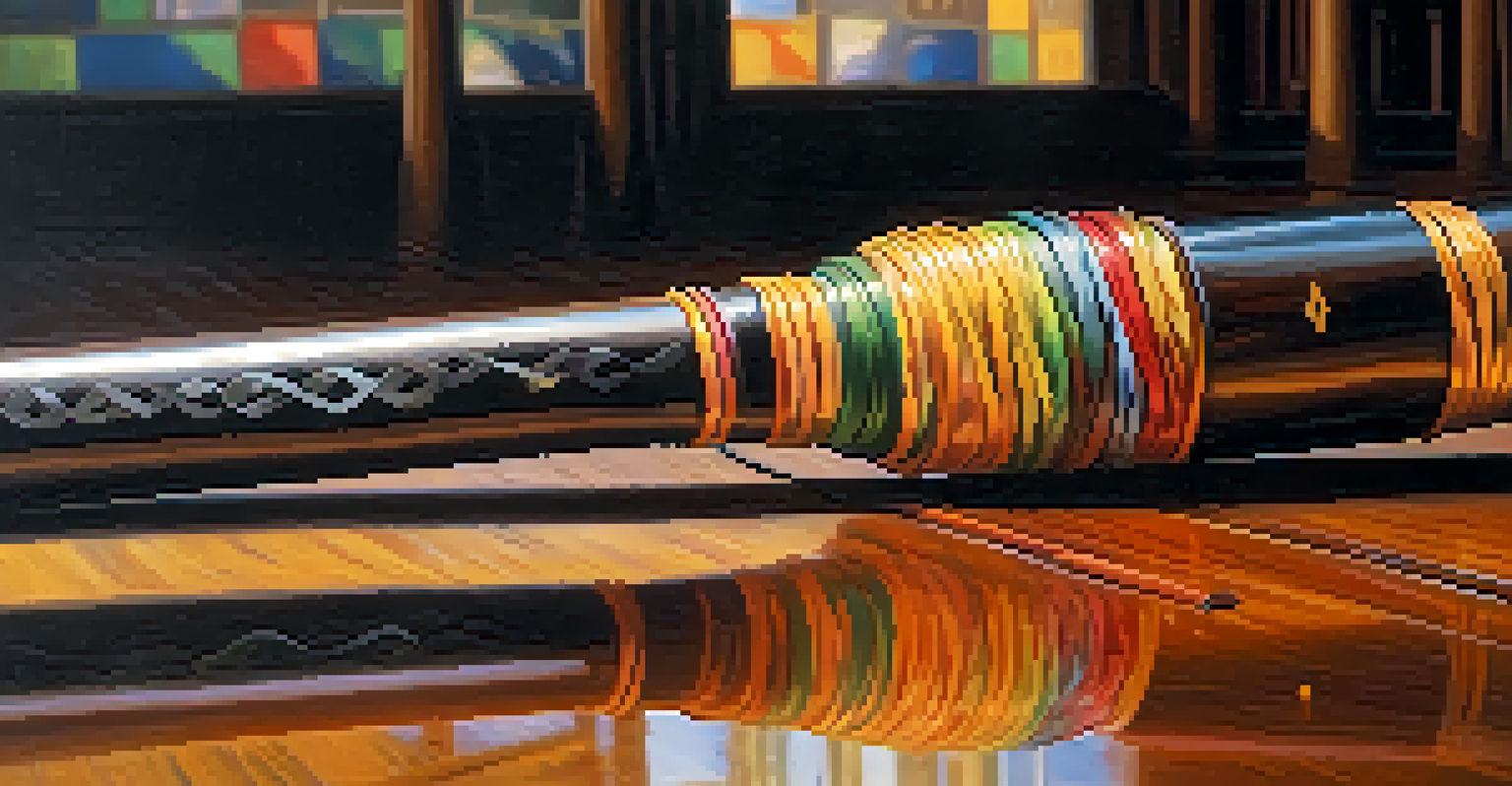 A bo staff on a polished wooden surface with training gear around it.