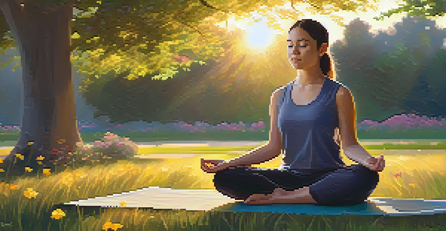 An autistic individual sitting cross-legged on a yoga mat in a park during sunset, practicing mindfulness surrounded by wildflowers.