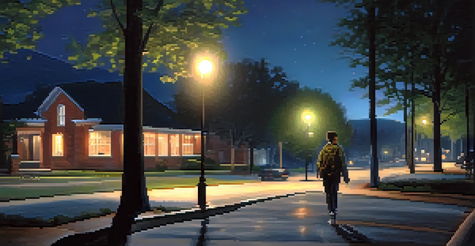 A college student walking home at night, looking at a smartphone displaying a safety app, with streetlights illuminating the path and friends approaching in the background.