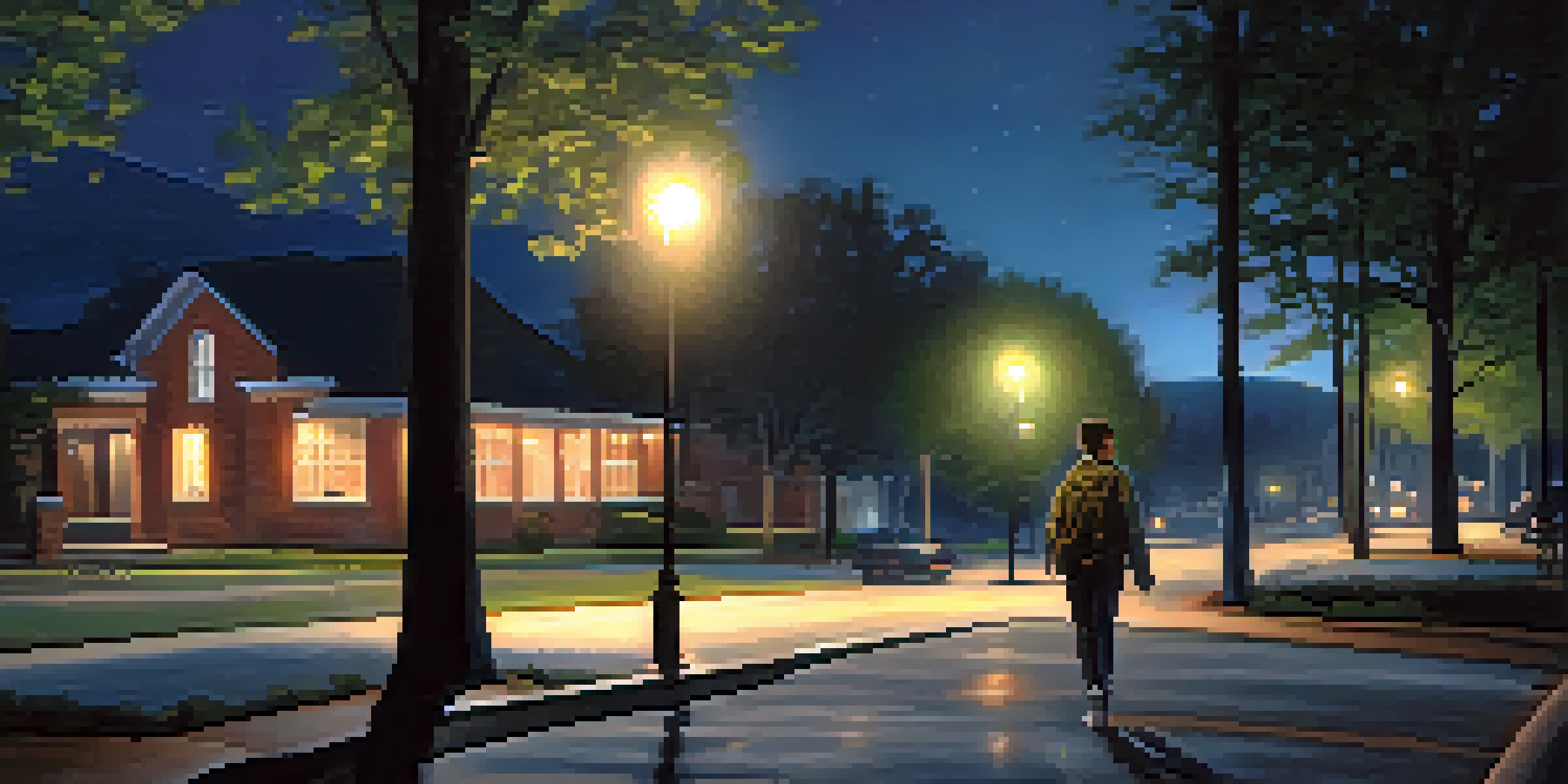 A college student walking home at night, looking at a smartphone displaying a safety app, with streetlights illuminating the path and friends approaching in the background.
