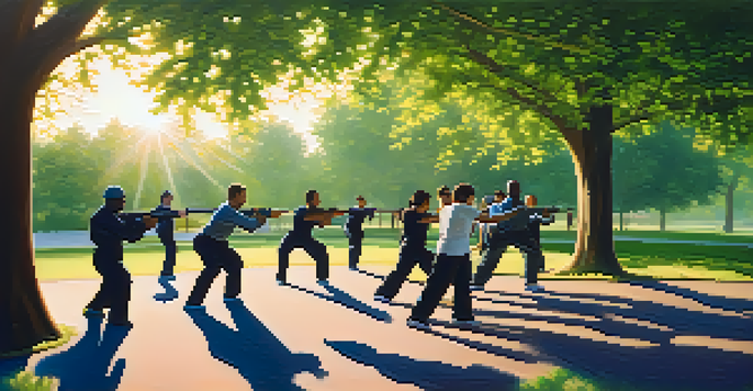 A diverse group of people practicing self-defense techniques outdoors in a park during dawn, with sunlight filtering through the trees.