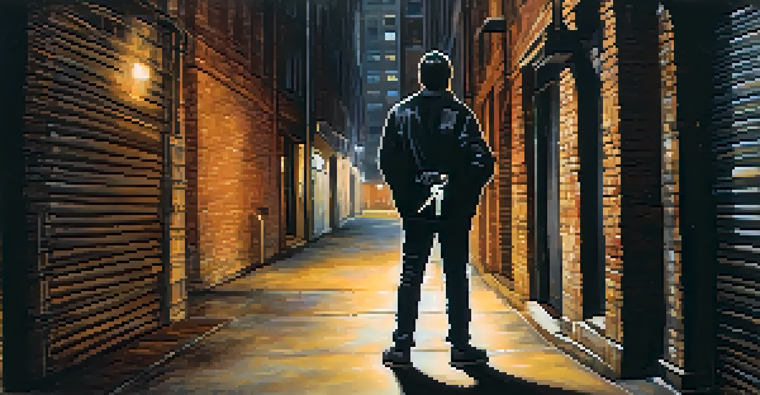 A person holding keys defensively between their fingers in a dimly lit alley, with a blurred building in the background.