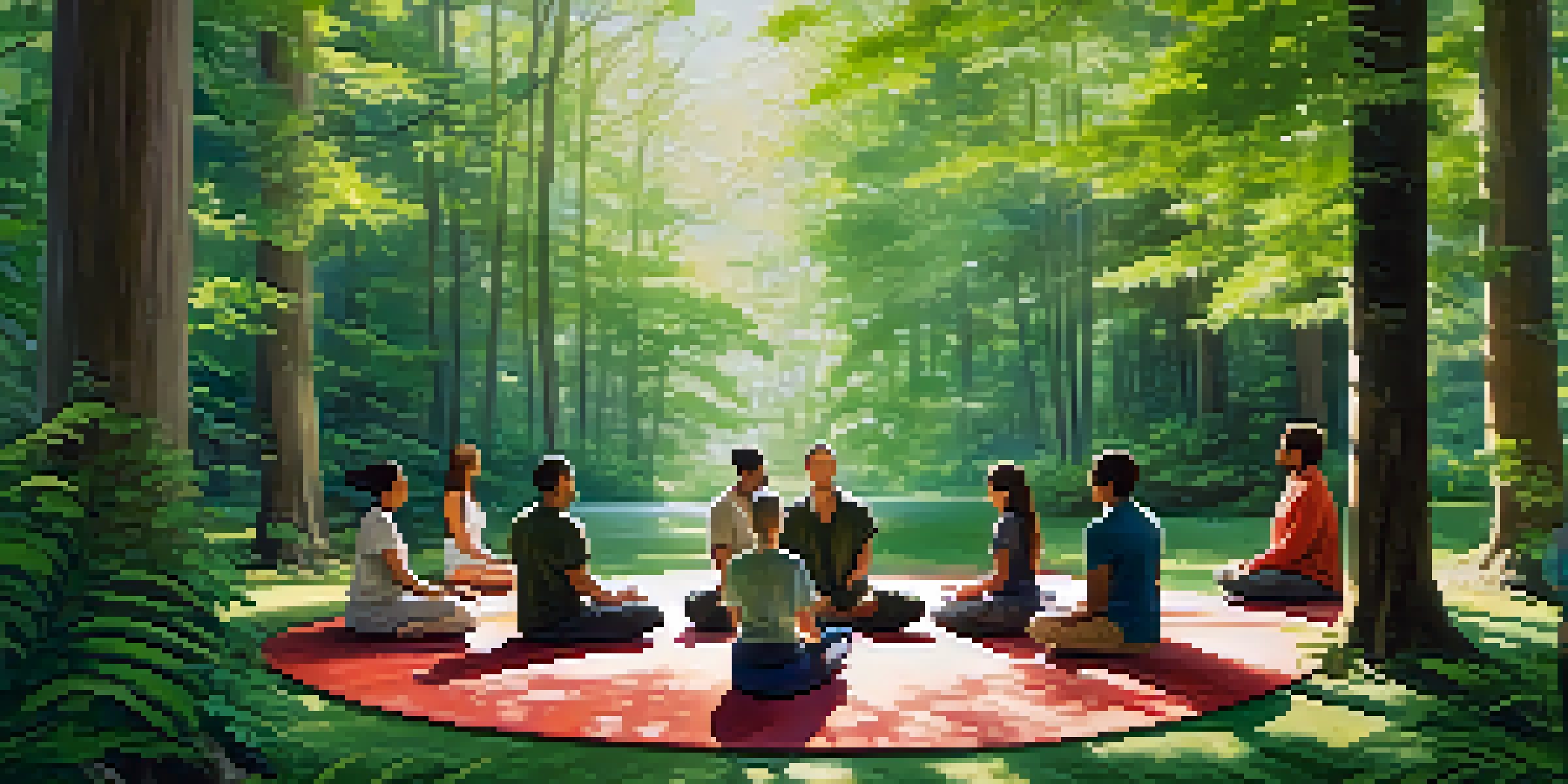 A diverse group of people meditating in a peaceful forest, surrounded by trees and dappled sunlight.