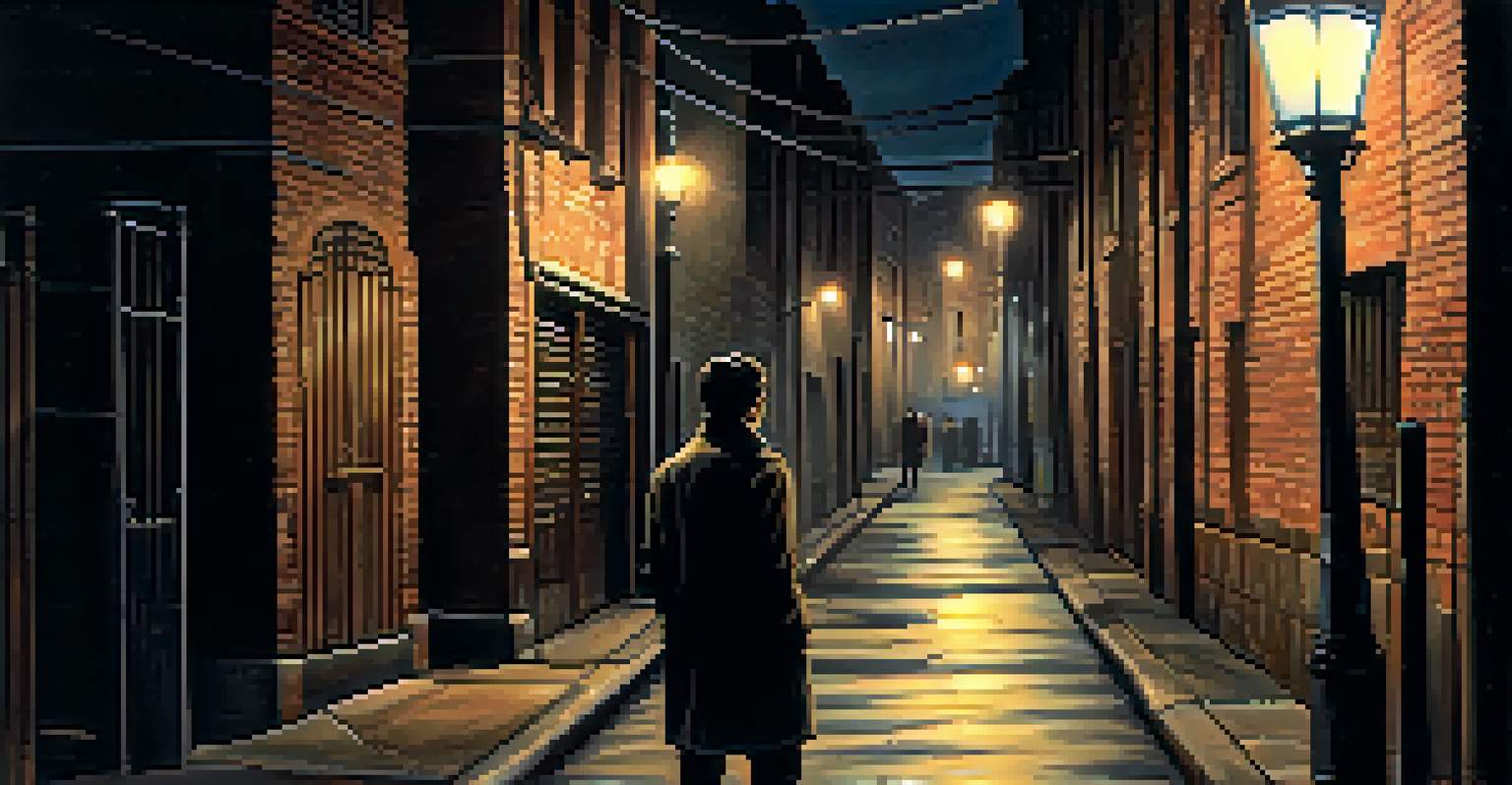 A person standing in a dark alley, looking determined under flickering streetlights.