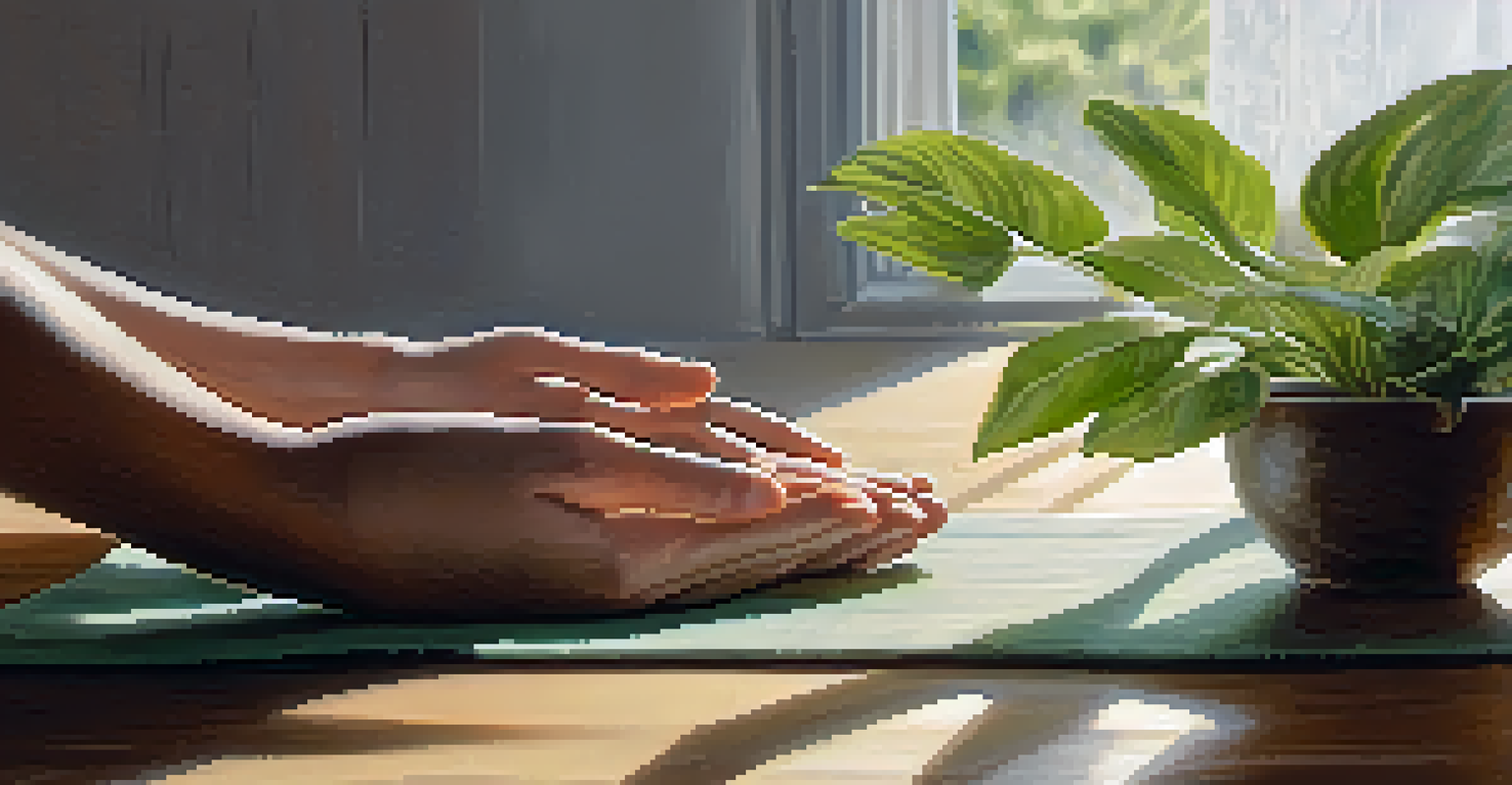 Close-up of hands practicing mindfulness techniques on a wooden table, with soft natural light and a green plant in the background.