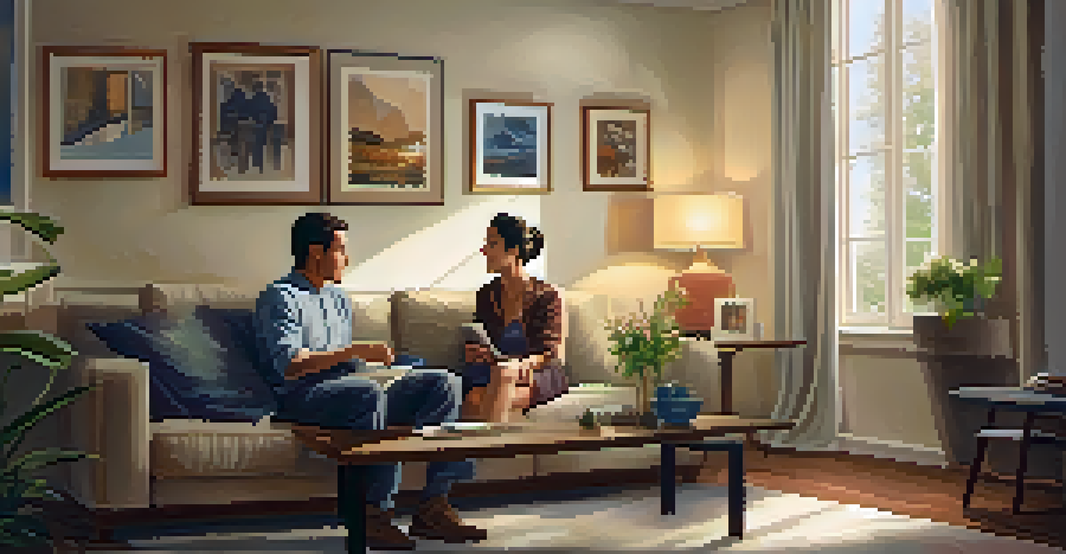 A couple sitting on a sofa in a cozy living room, engaged in a heartfelt conversation, surrounded by personal mementos.