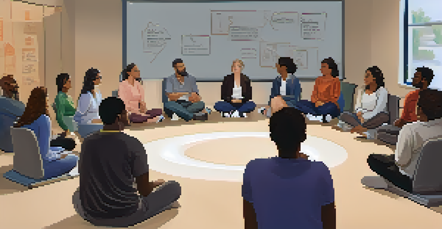 A diverse group of people in a conflict resolution workshop, seated in a circle with one person demonstrating communication techniques, a whiteboard in the background.