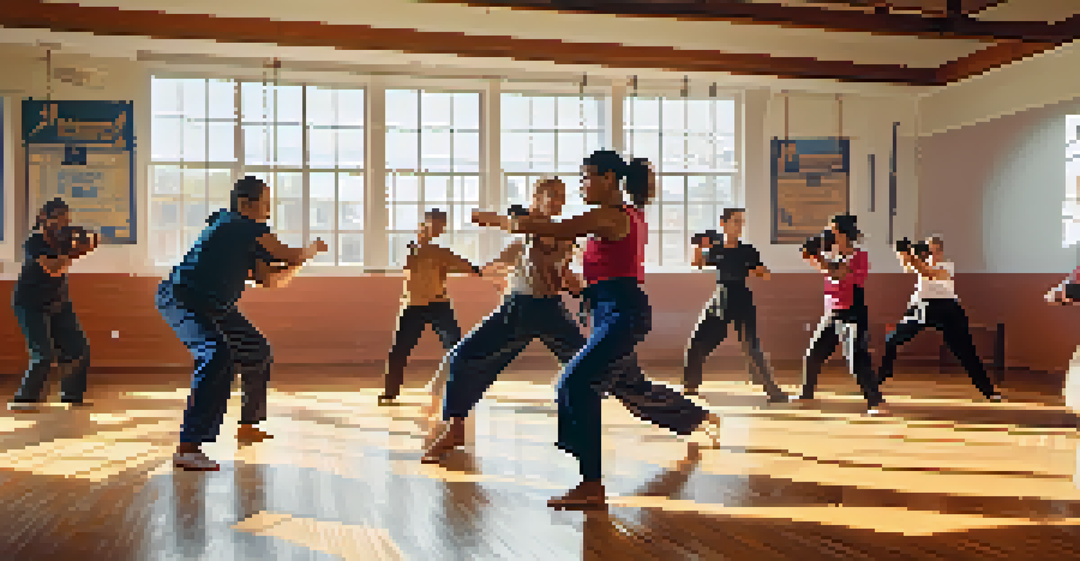 People in a self-defense class practicing techniques in a bright gym.