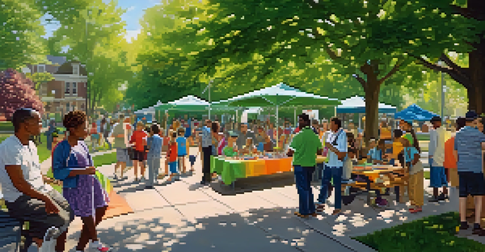 A lively neighborhood gathering in a park with diverse community members engaged in activities, children playing, and a neighborhood watch booth.