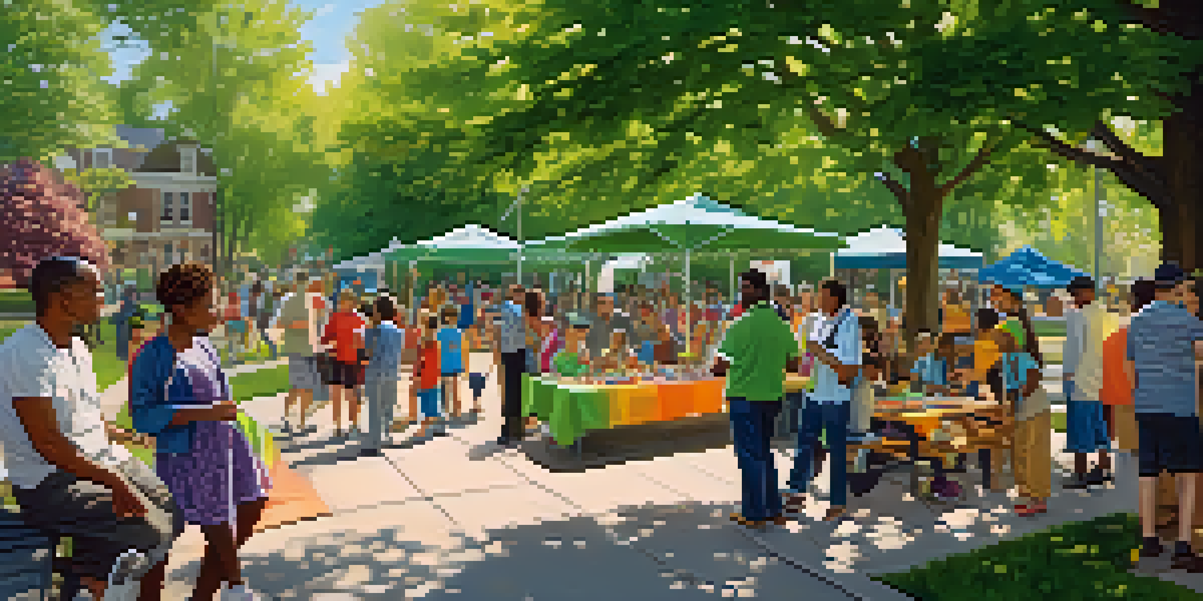 A lively neighborhood gathering in a park with diverse community members engaged in activities, children playing, and a neighborhood watch booth.
