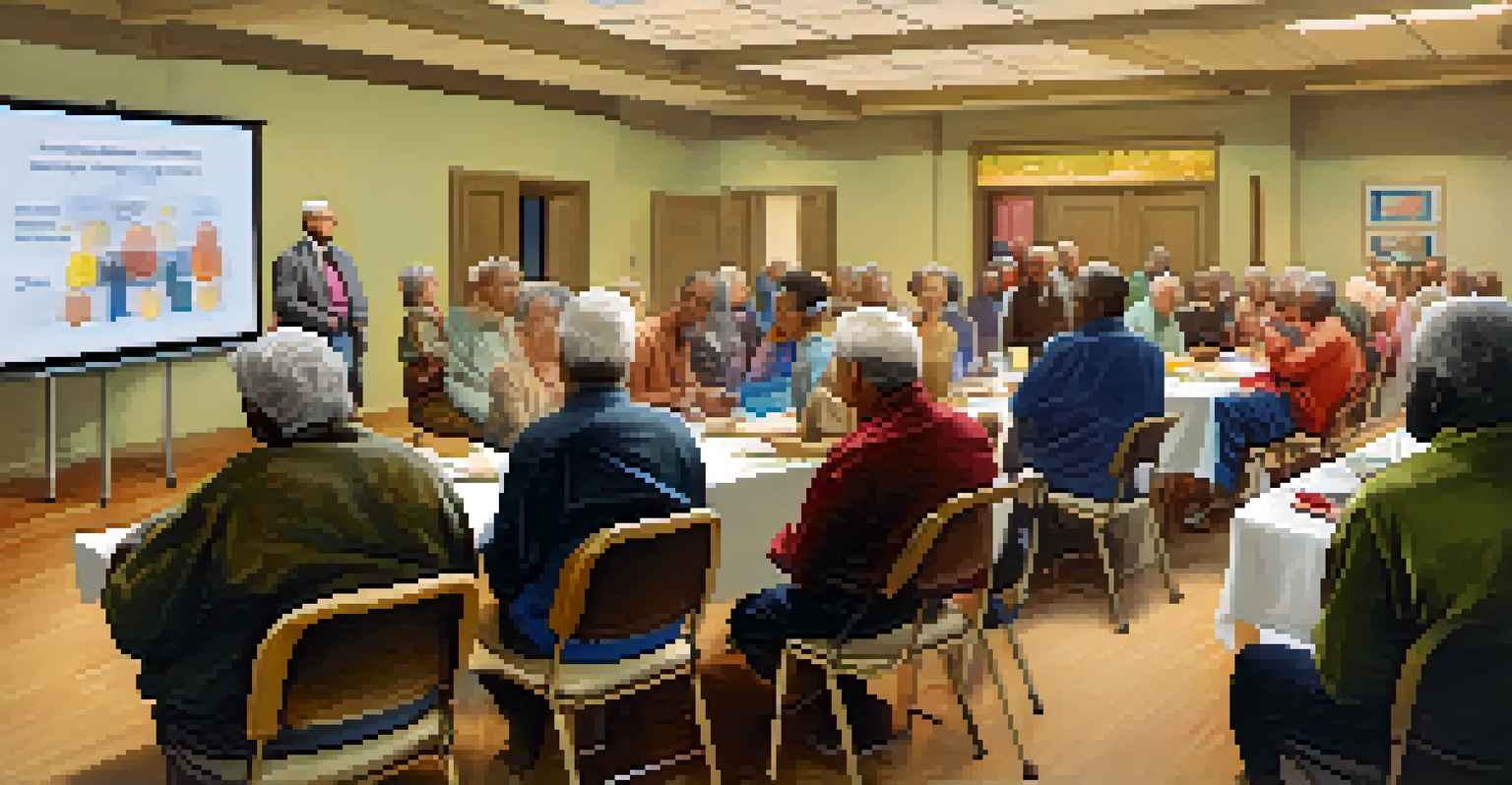 Seniors gathered in a well-lit room for a community meeting on safety awareness, attentively listening to a speaker.