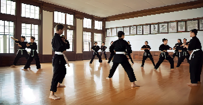 A group of diverse individuals practicing self-defense techniques in a bright gym, with an instructor demonstrating a move.