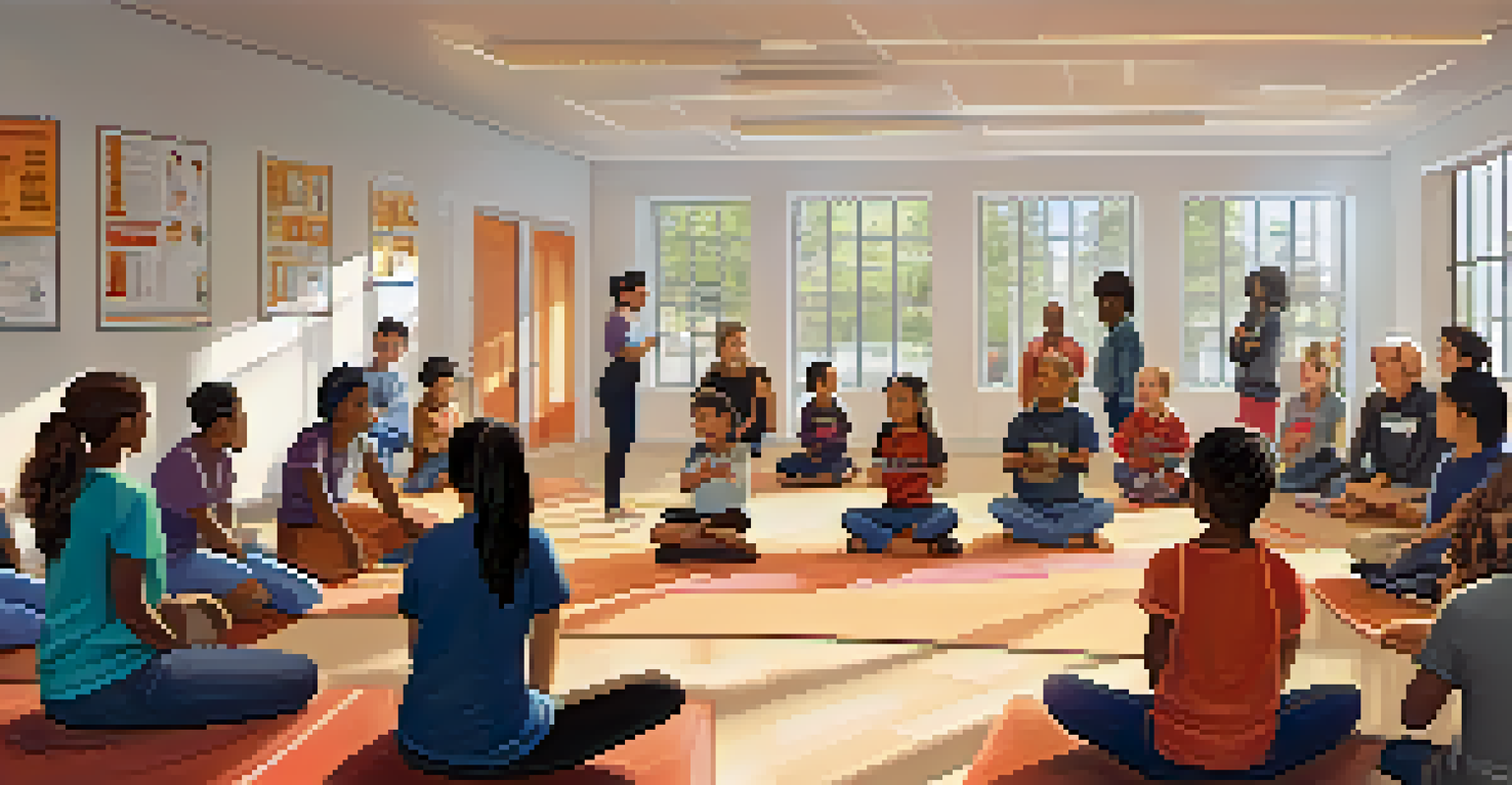 A community workshop on personal safety with participants seated in a circle, listening to an instructor in a bright, welcoming room.