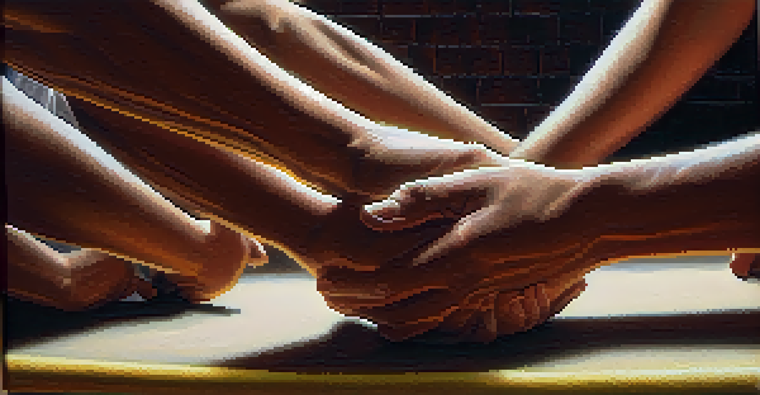 Close-up of hands practicing self-defense grips on textured mats, showing determination and effort.