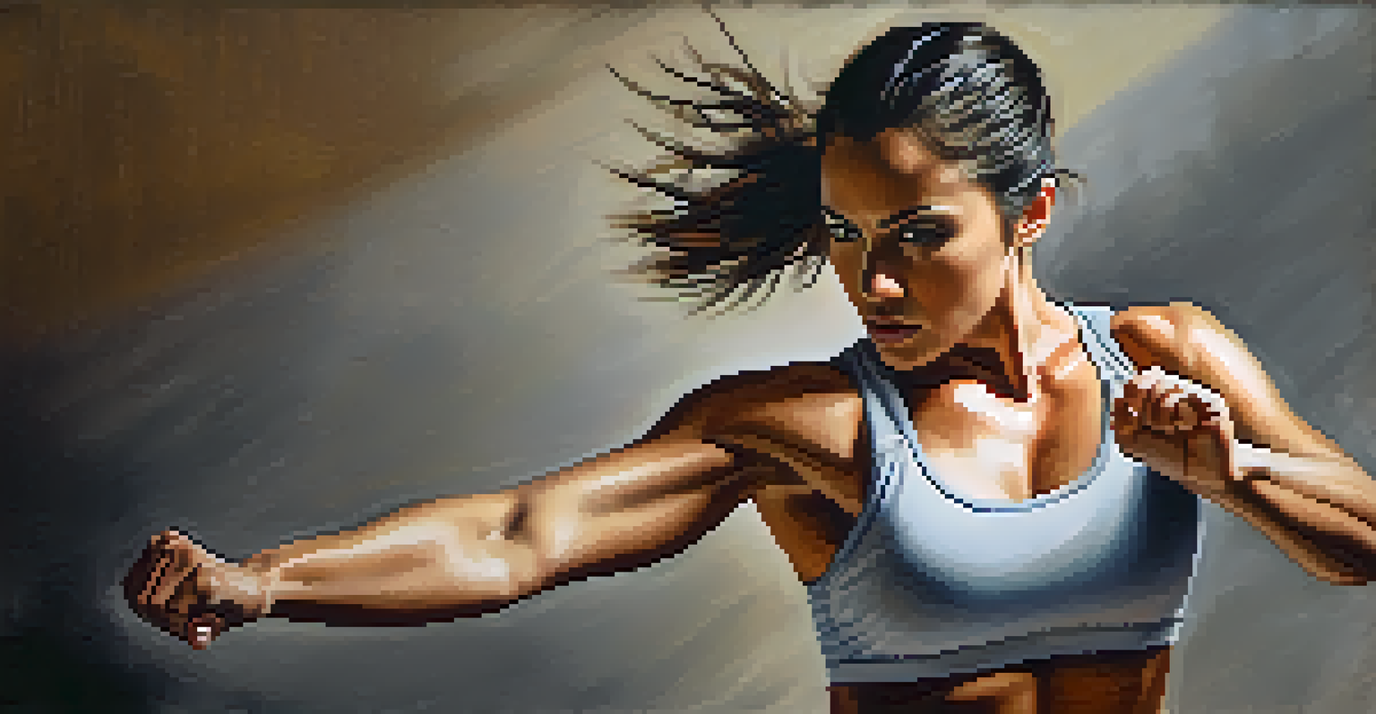 A determined woman performing a self defense move with a confident expression, showcasing her strength and focus.