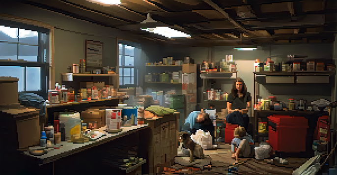 A family in a basement during a tornado warning, surrounded by emergency supplies and a weather radio, looking worried but prepared.