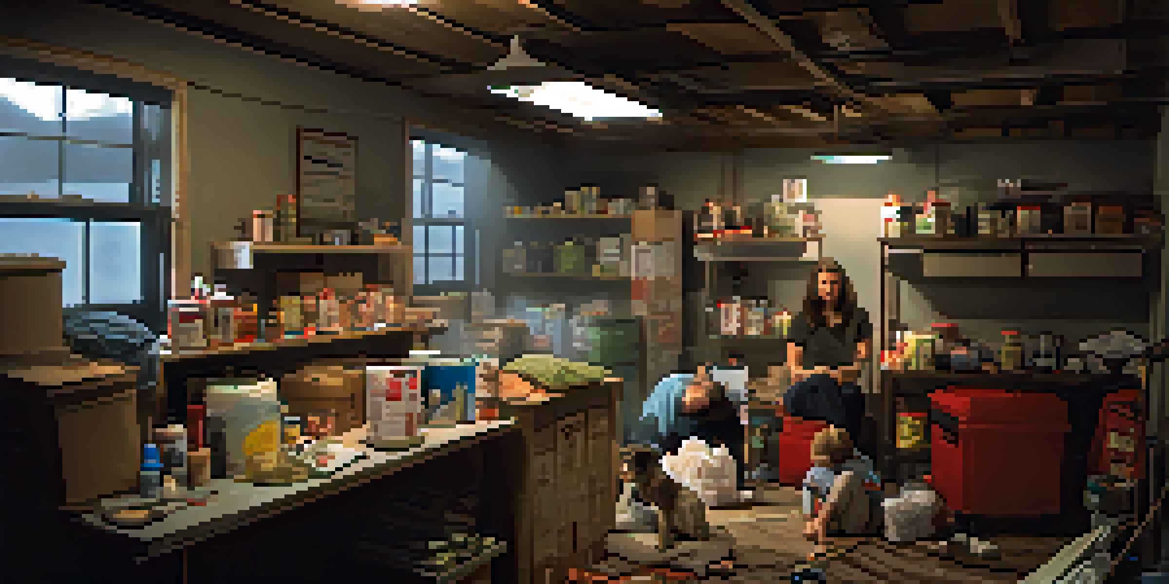 A family in a basement during a tornado warning, surrounded by emergency supplies and a weather radio, looking worried but prepared.