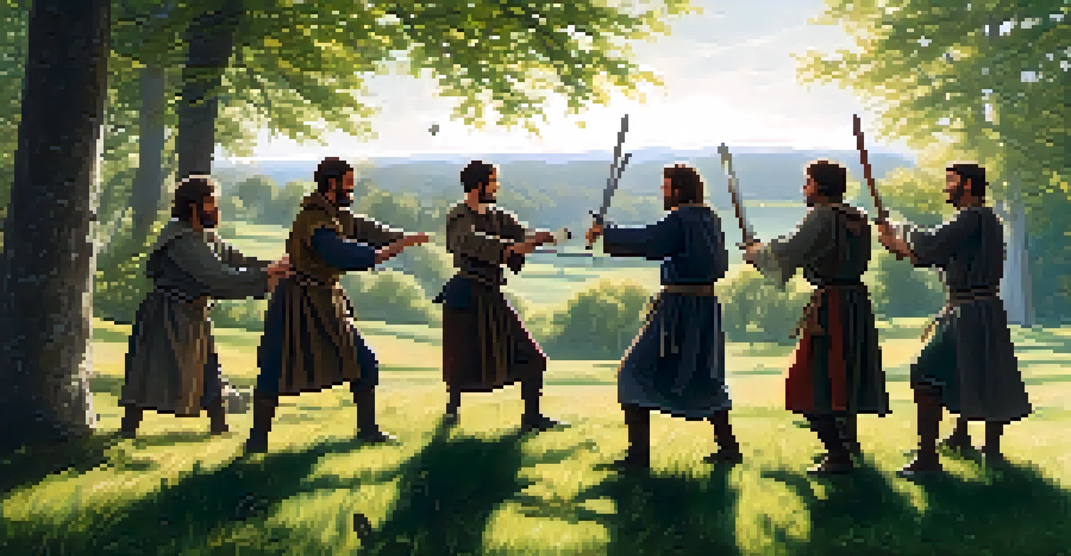 Medieval peasants practicing self-defense techniques in a grassy clearing with wooden practice swords.