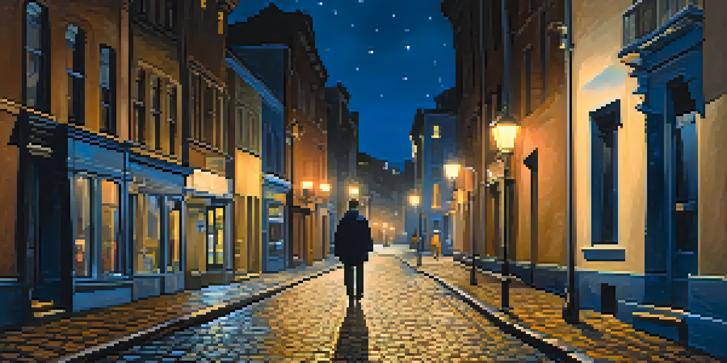 A person walking home at night on a cobblestone street, with streetlights illuminating the scene and a shadowy figure in the distance.