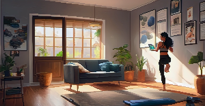 A woman practicing self-defense techniques at home in front of a laptop, surrounded by a warm and inviting room.