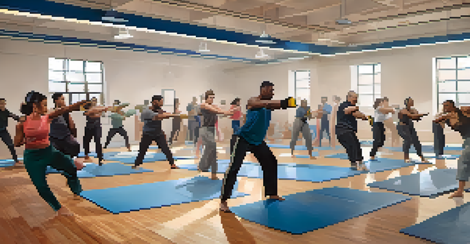A group of diverse individuals practicing self-defense techniques in a well-lit gym, showing teamwork and trust.
