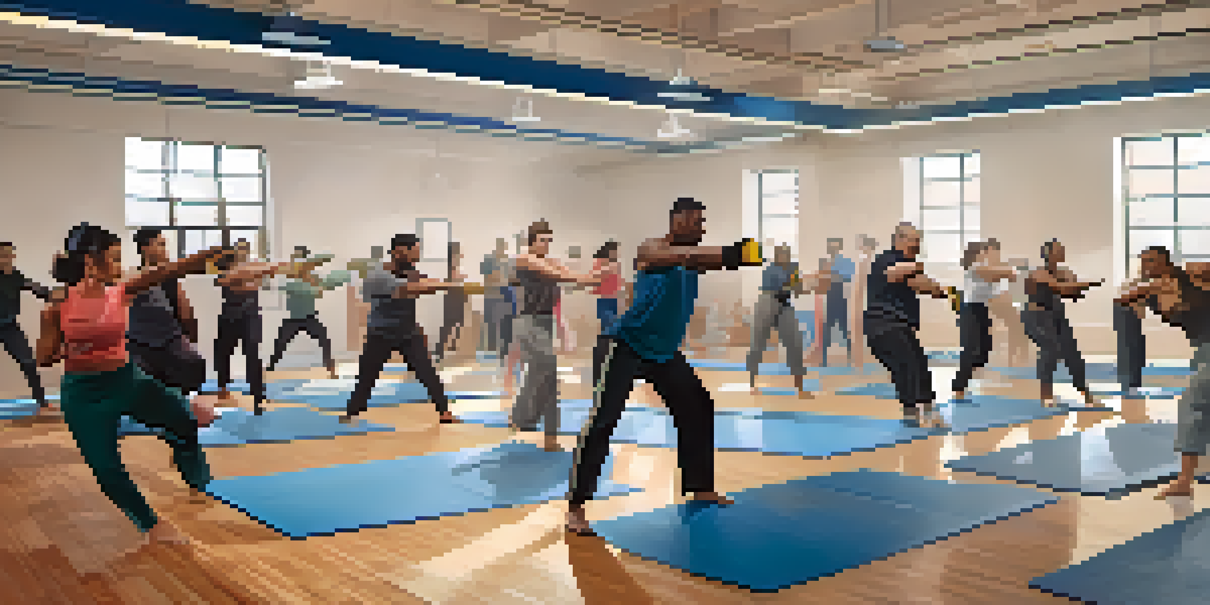 A group of diverse individuals practicing self-defense techniques in a well-lit gym, showing teamwork and trust.